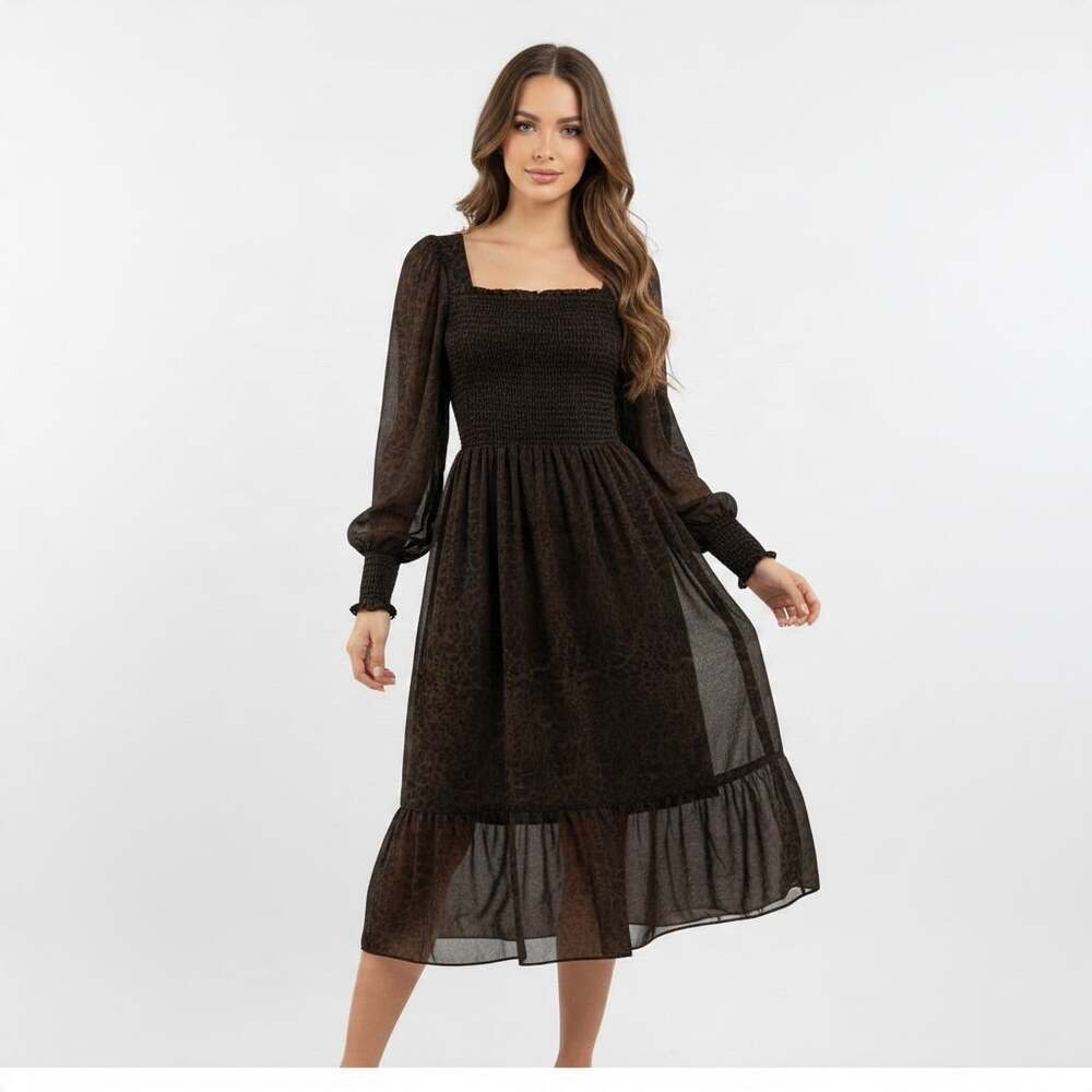 Nine West Leopard Midi Dress Smocked Sheer Puff Sleeve Fall Autumn Medium